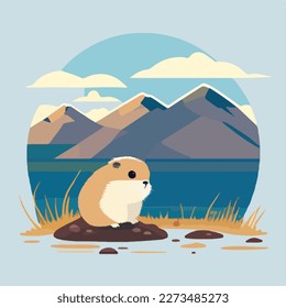 Arctic lemming in arctic tundra. Rodents animals in natural habitat. Flat vector illustration concept