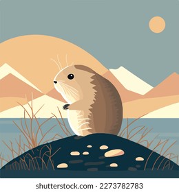 Arctic lemming in arctic tundra. Rodents animals in natural habitat. Flat vector illustration concept