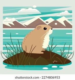 Arctic lemming in arctic tundra. Rodents animals in natural habitat. Flat vector illustration concept
