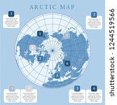Arctic map with countries boundary, grid and label. Arctic regions of northern hemisphere. Circumpolar projection. Vector. Infographic. Blue background.