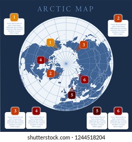 Arctic map with countries boundary, grid and label. Arctic regions of northern hemisphere. Circumpolar projection. Vector. Infographic. Dark background.