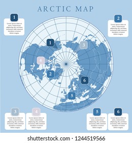 Arktische Karte mit Ländergrenzen, -gitter und -etiketten. Arktische Regionen der nördlichen Hemisphäre. Zirkumpolare Projektion. Vektorgrafik.Infografik. Blauer Hintergrund.