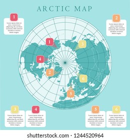 Arctic map with countries boundary, grid and label. Arctic regions of northern hemisphere. Circumpolar projection. Vector. Infographic. Green background.