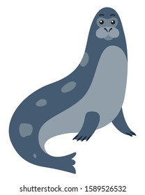 Arctic marine animal with fins on white. Card with cartoon fur seal character with blue thick fur and dotted pattern on back. Simple postcard with underwater mammal with long fore-flippers vector