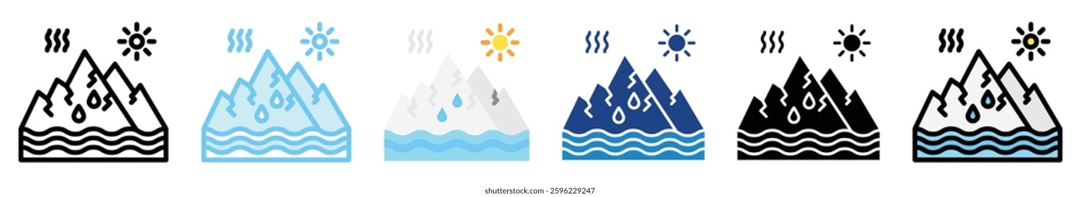 Arctic Melting multi style, mini illustration icon set. outline, flat, glyph, line color, UI, UX, app and web, digital or print. related to ecology and environment.