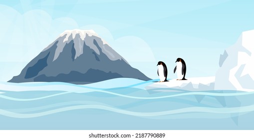 Arctic mountain landscape, winter panoramic view. Snowy mountainside life natural scene with penguins . View of volcano covered with snow. Beautiful scenery of winter in North Pole or Antarctic