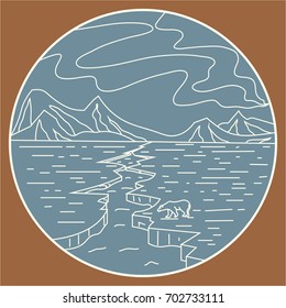 Arctic mountain pattern, ice, bear and Northern Lights
