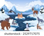 Arctic nature. Antarctica landscape. Polar bear. Orca whale. Seal on northern ice. Antarctic scenery. Reindeer and wolf. Wild marine animals on sea floe. Winter background. Vector frost tidy wildlife