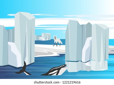 Arctic nature concept scene, whale among the polar icebergs.