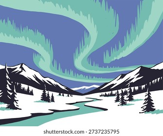 Arctic night scene, green mint blue aurora, cold weather, winter travel, snowy valley, river stream, retro vintage style, nature background, mountain range view