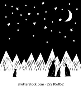 Arctic night vector illustration with penguins family, geometric snowy mountains, moon and stars. Black and white nature print. Cute mountains landscape background.