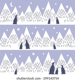 Arctic night vector illustration with penguins family, geometric snowy mountains, moon and stars. Cute mountains landscape background.