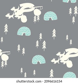 Arctic, nordic, igloo themed vector, seamless, can be used for baby t-shirt print, fashion print design, kids wear, baby shower, bedding set, wallpaper, celebration, greeting cards and invitation.