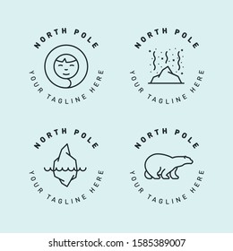 Arctic North Pole Circle Cute Logo Template. Creative Hipster Label Stamp Sign. Northern Lights, Eskimo, Polar Bear, Iceberg. Vector Flat Line Icon.