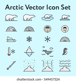 Arctic North Pole Winter Minimalistic Colorful Flat Line Stroke Icon Pictogram Illustration Set Collection