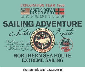 Arctic north sea route discovery sailing adventure vintage vector print for t shirt with embroidery applique patch