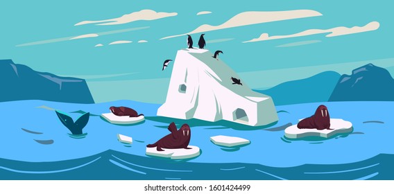 Arctic. Northen landscape with icebergs and penguins, wallrus. Vector illustration