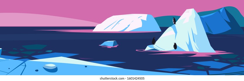 Arctic. Northen landscape with icebergs and penguins. Vector illustration