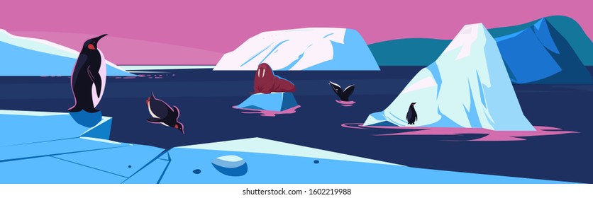 Arctic. Northen landscape with icebergs and penguins, wallrus. Vector illustration