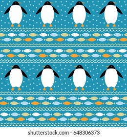 Arctic northern pattern. Christmas children background. Vector seamless penguins, snowflakes, waves, fishes wallpaper.
