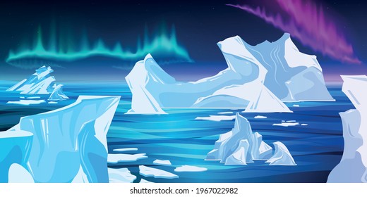 Arctic ocean colored cartoon composition with blue icebergs and purple northern lights vector illustration