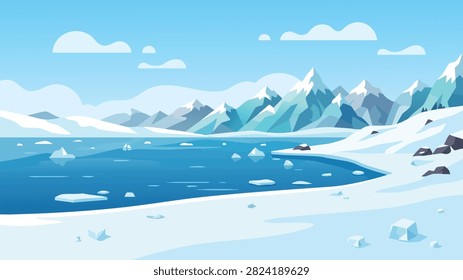 Arctic Ocean with Floating Ice and Snow-Capped Mountains Illustration