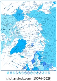 Arctic Ocean Map In Colors of Blue and Map Pointers. Highly detailed vector illustration.