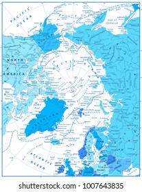 Arctic Ocean Map In Colors of Blue. Highly detailed vector illustration.