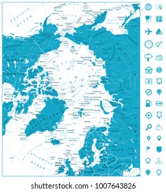 Arctic Ocean Map And Navigation Icons. Highly Detailed Vector Illustration.