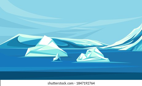 Arctic ocean with melting ice. Landscape of north pole.