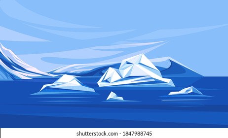 Arctic ocean with melting icebergs. Scenery of north pole.