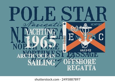 Arctic Ocean North Pole sailing race team vintage vector print for marine kid boy wear shirt with nautical flag embroidery patch applique