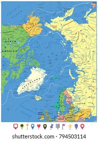 Arctic Ocean Political Map and flat map pointers. Highly detailed vector illustration.