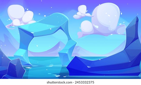 Paisaje invernal del océano Ártico. Ilustración de dibujos animados de Vector de fondo de invierno polar con agua fría del mar, bloques de iceberg, arco de hielo, cielo azul con nubes blancas esponjosas, fondo de juego de aventura de viajes