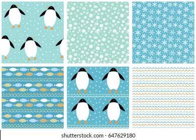 Arctic patterns, symbols set. Christmas baby backgrounds collection. Vector seamless winter holidays wallpapers.