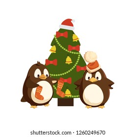 Arctic penguins and Christmas tree, winter holiday. Bird with knitted Xmas socks and in Santa hat, decorated fir or spruce with bells and garland vector