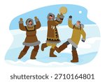 Arctic people, Eskimos characters playing traditional music instruments and dancing outdoors cartoon scene. Cultural expression and spirit of indigenous North Pole communities vector illustration
