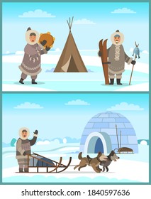 Arctic people in fur clothes near igloo and tent on snowy landscape. Happy eskimo man and woman holding timbrel instrument, sleigh with husky, skis and spear. Male and female living in Alaska vector