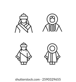 Arctic people icons. Set of 4 arctic-themed trendy minimal icons. Example: Man, Woman, Igloo icon. Design signs for web page, mobile app, packaging design. Vector illustration.