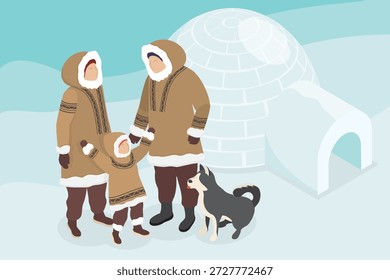 Arktische Menschen inuit, eskimo Charakter. Familie und Hund im Freien stehen Iglu aus Eiswürfeln. Kaltes Klima. Charaktere in warmer Winterkleidung. 3d flache isometrische Vektorgrafik.