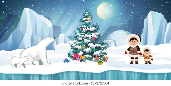 Arctic people in traditional eskimos costume and polar bears with Christmas tree. Igloo, glacier and northern lights in the background. Christmas holidays vector illustration.