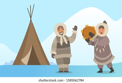 Arctic people in traditional warm clothes singing with tambourine instrument. Man and woman hunters characters with timbrel near tent. Happy male and female standing on snowy landscape vector