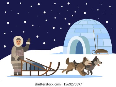 Arctic person using sledge with sled dogs traveling to settlement of inuits. Character waving hand to house. Snowing weather in north. Eskimo with domestic animals outdoors, vector in flat style