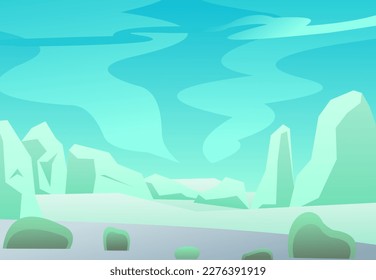 El cielo y la llanura ártica. El paisaje invernal. La naturaleza fría dura. Nieve y helado de hielo. Estilo divertido de caricatura. Diseño plano. Vector