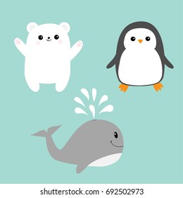 Arctic polar animal icon set. White bear, penguin bird, whale. Kids education cards. Cute cartoon character. Blue background Isolated. Flat design. Vector illustration