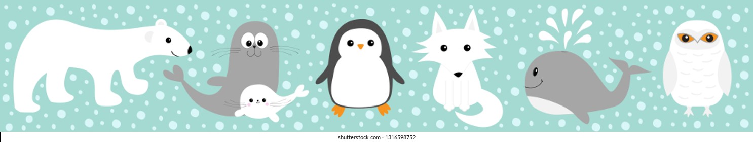 Arctic polar animal set line. White bear, owl, penguin, Seal pup baby harp sea lion fox wolf whale albatross seagall Kids education cards Cute cartoon character Blue snow background Flat design Vector