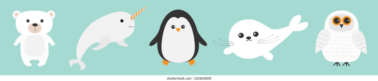 Arctic polar animal set line. White bear, owl, penguin, Seal pup baby harp, narwhal, unicorn-fish. Kids education cards. Blue background. Isolated Flat design Vector illustration