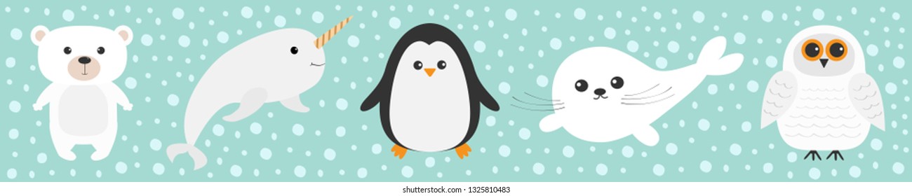 Arctic polar animal set line. White bear, owl, penguin, Seal pup baby harp, narwhal, unicorn-fish. Kids education cards. Blue snow background. Isolated Flat design Vector illustration