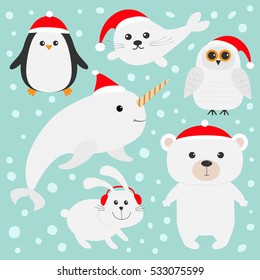 Arctic polar animal set in red Santa hat. White bear, owl, penguin, Seal pup baby harp hare rabbit narwhal unicorn-fish. Kids Christmas cards Blue background Snow flake Flat design Vector illustration