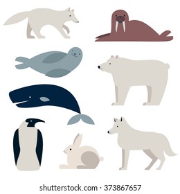 Arctic and Polar Animals vector set. Polar bear, Penguin, seal,  whale, hare, wolf.  Flat style characters. Isolated on white background.